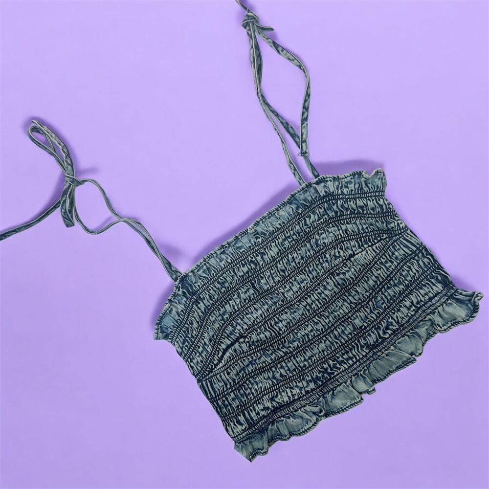NEW! Womens 100% Cotton Cropped Ruffle Tank Denim Blue Size L Large Summer Top